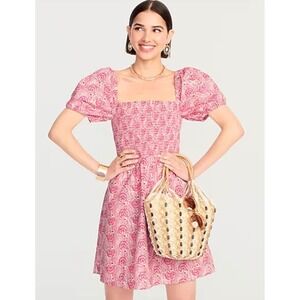 NEW J.Crew Smocked Puff Sleeve Mini Dress Womens Size L Pink Dandelion Swirl